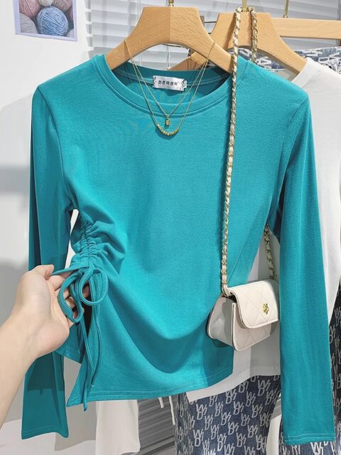 Trendy Korean-Style Drawstring T-Shirt for Women, Early Spring 2025, Slim Fit, Round Neck, Irregular Short Top ins