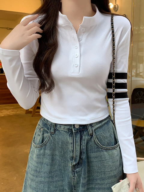 Half-Open Collar Casual Striped Long-Sleeve T-Shirt Top for Women, Spring Season, Black, High-End Feel, Buttoned, Slim-Fit, Short Style, Base Shirt