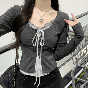 Korean Chic Style Ruffled Design T-Shirt for Women, Early Autumn Fake Two-Piece Tie Bow Long-Sleeve Base Shirt