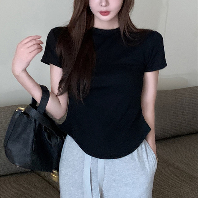 Hot Girl Black Short-Sleeved T-Shirt for Women Summer New Korean Style Slim Fit Irregular Round Neck Curved Hem Top Short Style