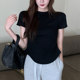 Hot Girl Black Short-Sleeved T-Shirt for Women Summer New Korean Style Slim Fit Irregular Round Neck Curved Hem Top Short Style