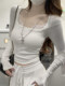 Korean Style Sweet and Slim-Fitting Long-Sleeved T-Shirt for Women in Autumn, Pure and Unique Square-Neck Lace Splicing Cashmere Top