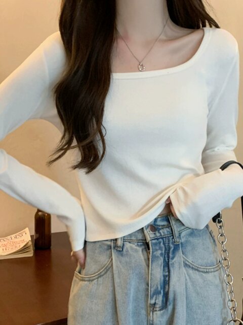 Basic Gray Ribbed Long-Sleeved Top That Exposes the Collarbone, Women's Early Autumn New Korean Style Slim Fit Short Top
