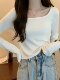 Basic Gray Ribbed Long-Sleeved Top That Exposes the Collarbone, Women's Early Autumn New Korean Style Slim Fit Short Top