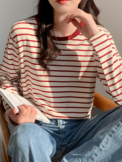 Chic Red and White Striped Round Neck Long-Sleeved T-Shirt for Women, Early Autumn New Korean Style Pure Cotton Color-Blocking Casual Loose Base Shirt