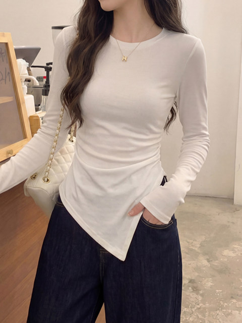 Korean Design Asymmetric Shoulder Pad Long-Sleeve T-Shirt for Women 2026 Spring White Simple Slim Fit Base Shirt