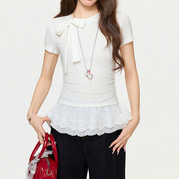 High-End White Bow-Tie T-Shirt for Women, Spring Season Waist-Cinching Inner Layering Top with Lace Trim, Stunning Blouse
