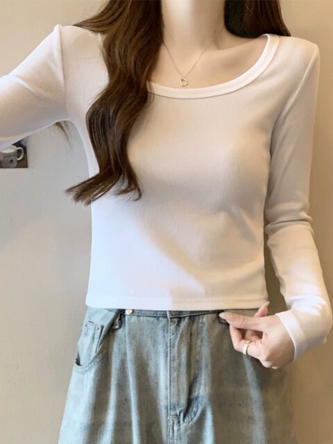 Solid Color Simple Round Neck Base Shirt for Women 2025 Autumn and Winter Petite Style Showing Collarbone Slim Fit Brushed Short Top ins