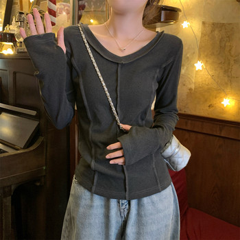 Trendy Korean-Style T-Shirt Base Layer for Women 2025 Autumn V-Neck Unique Slim Fit Fishbone Design Thermal Top