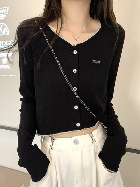 French-Style Age-Reducing Color-Blocked Ruffled Long-Sleeve Cardigan for Women, New Spring/Summer Design, Short and Unique Beautiful Top