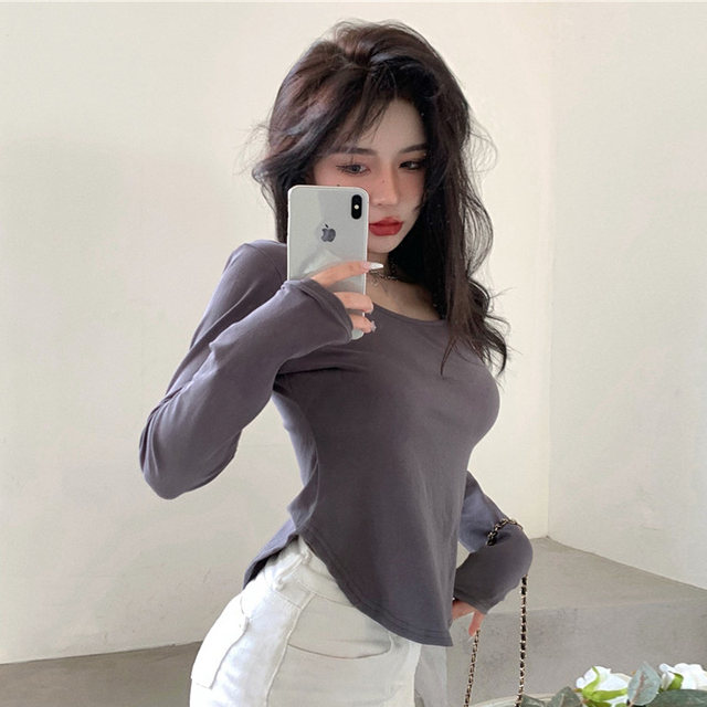 Pure Desire Style U-Neck Gray Long-Sleeve T-Shirt for Women 2023 Early Autumn New Slim-Fit Irregular Curved Hem Base Top