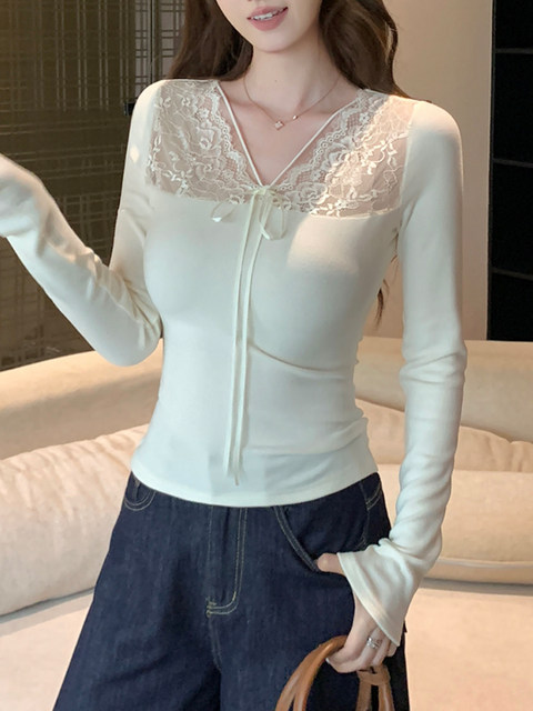 2026 Spring Pure Desire Style Lace Patchwork V-Neck T-Shirt for Women, Korean Version, Unique and Beautiful Base Layer Top with Tie-Up Design