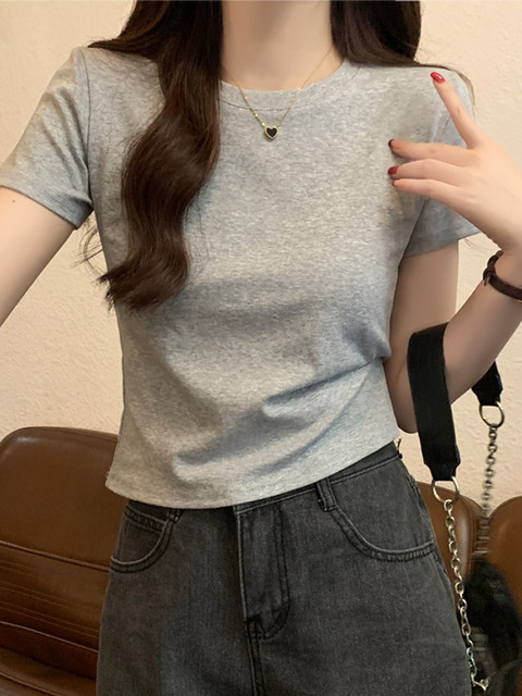 American Style Spicy Girl Simple Slim-Fit Base Shirt Short-Sleeve T-Shirt for Women, New Summer High-Waisted Versatile Short Top with Regular Shoulders