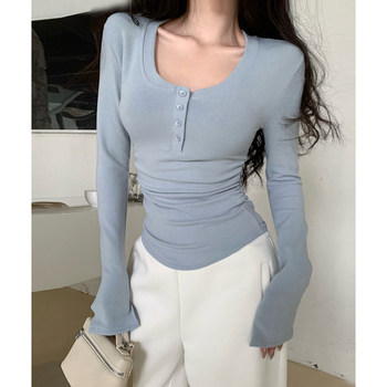 Street Style Hot Girl Style Fleece-Lined Inner Layering Top for Women, 2025 Winter, Subtle Half-Open Collar, Tight-Fitting, Ruched Short Top