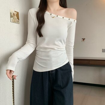 American-Style Spicy Girl Off-Shoulder Studded Long-Sleeve T-Shirt for Women, Spring Slim-Fit, Tummy-Covering, Sexy Off-Shoulder Top ins