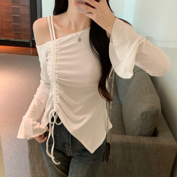 Designed Drawstring Asymmetrical Collar Flared Sleeve T-Shirt for Women, New Spring Style, Unique and Chic Slim-Fit Top for Sweet and Spicy Girls