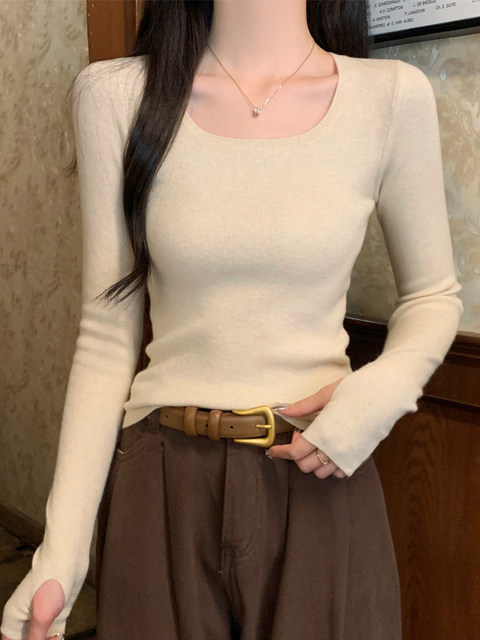Korean Style Elegant Slim-Fit Square-Neck Versatile Knit Sweater for Women, New Autumn Design with Finger Holes for Warmth, Base Layer Top