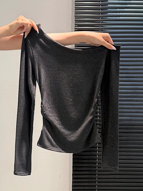 Solid Color Basic Versatile Off-Shoulder Long-Sleeve T-Shirt for Women, 2025 Autumn Hot Item, Pleated High-End Beautiful Base Shirt