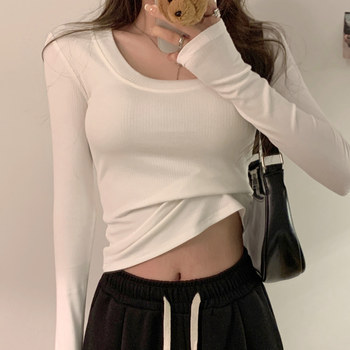 Korean Style U-Neck Collarbone-Exposing Long-Sleeve Base Shirt for Women, 2023 Early Autumn New Simple White Short Top ins