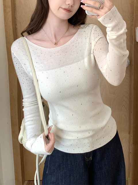 Women's Base Layer with a High-End Feel, Can Be Worn Outside, See-Through, Off-Shoulder, Sparkling Diamond Knit Top, Simple, Unique, Beautiful, Trendy Top