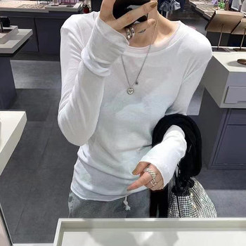 Pure Desire Style Long-Sleeve T-Shirt for Women, White, 2024 Early Autumn New Korean Version, Slim Fit, Unique Frayed Edge, Round Neck Base Shirt