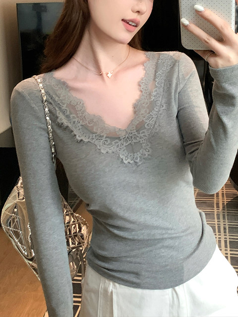 Sweet and Youthful Lace Patchwork Long-Sleeve T-Shirt for Women, New Spring Style, Slimming, High-End, Unique, Super Stylish Top, Ins