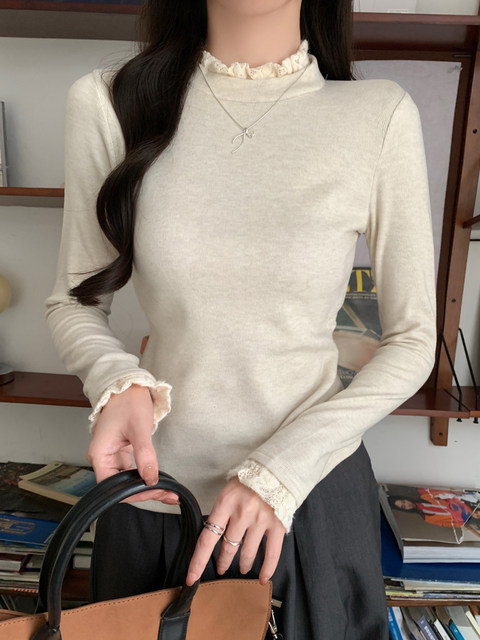 2025 Autumn and Winter High-End Half-Turtleneck Brushed Base Shirt Lace Trim T-Shirt Women's Unique Regular Shoulder Warm Top