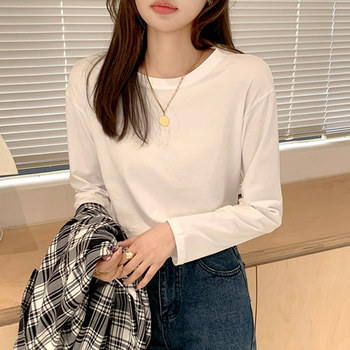Basic White Round Neck Long-Sleeved Bottoming Shirt for Women, Spring New Korean Style Pure Color Casual Loose Inner Top