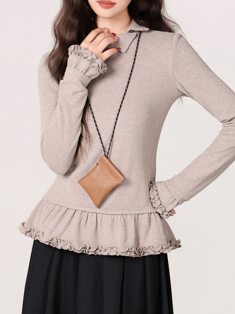 Hong Kong Style Retro Half-High Collar Ruffled Lace T-Shirt for Women, Autumn and Winter, Regular Shoulder, Slim Fit, Super Pretty and Unique Top ins