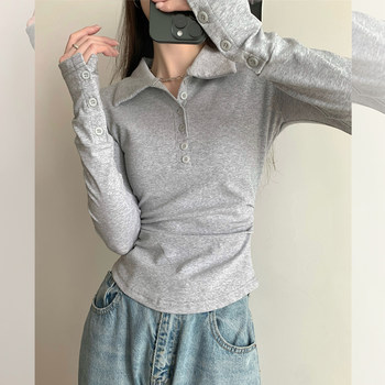 Button Design, Stylish and Slim-Fitting Polo Collar T-Shirt for Women, 2025 Autumn Korean Version, Super Nice, Unique and Beautiful Top