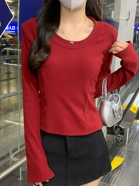 Burgundy Simple Casual Pullover T-Shirt for Women, New Spring Style, Round Neck, Fashionable and Versatile Base Shirt Top