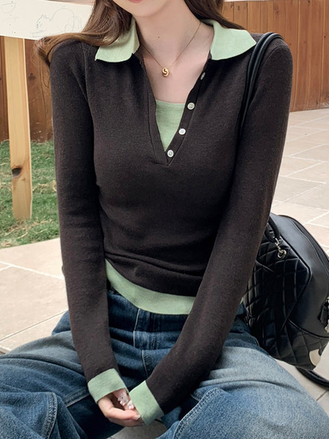 American Retro Style Slim-Fit Knit Sweater for Women, Spring Design, Unique Color-Blocking V-Neck Pullover Base Shirt