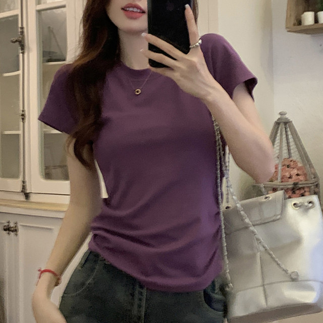 Chic Hollow-Out Backless Round-Neck Short-Sleeve T-Shirt for Women, New Summer Style with Unique Pleated Curved Hem Short Top