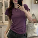 Chic Hollow-Out Backless Round-Neck Short-Sleeve T-Shirt for Women, New Summer Style with Unique Pleated Curved Hem Short Top
