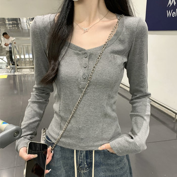 Korean Style Trendy Simple Slim-Fit Inner T-Shirt for Women, New Autumn V-Neck Regular Shoulder High-End Button Fishbone Base Shirt
