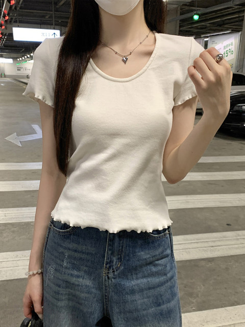 Korean Style Sweet Versatile Short-Sleeve T-Shirt for Women, Summer 2025 New Model, Small U-Neck with Unique Ruffled Edges, Slimming and Elegant Top