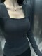 Solid Color Stylish Slim-Fit Shoulder-Padded T-Shirt for Women, Autumn Fashion, Black High-End Long-Sleeve Square-Neck Top ins