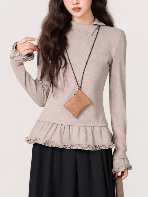 Hong Kong Style Retro Half-High Collar Ruffled Lace T-Shirt for Women, Autumn and Winter, Regular Shoulder, Slim Fit, Super Pretty and Unique Top ins