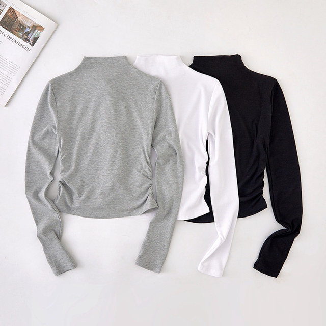 Trendy Ruched Half-High Collar Long-Sleeve T-Shirt for Women, White, New Autumn/Winter Korean Style, Slim Fit, High-Waisted, Short Top