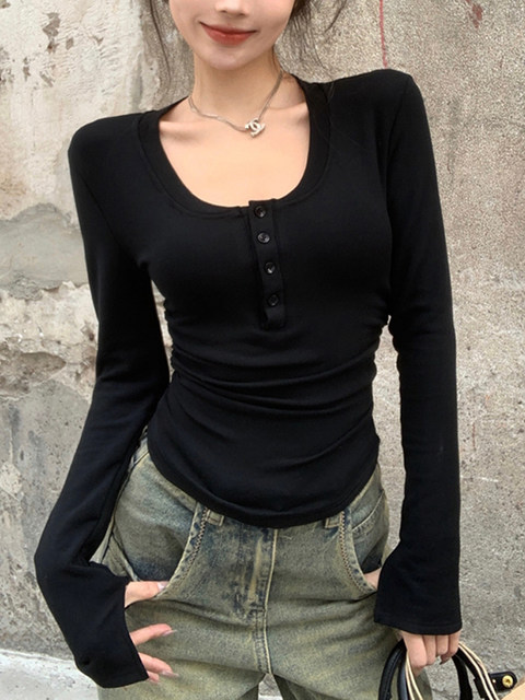 Street Style Hot Girl Style Fleece-Lined Inner Layering Top for Women, 2025 Winter, Subtle Half-Open Collar, Tight-Fitting, Ruched Short Top