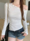 American-Style Spicy Girl Off-Shoulder Studded Long-Sleeve T-Shirt for Women, Spring Pure Desire White Waist-Cinching Slimming Off-Shoulder Base Top