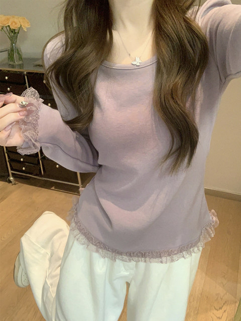 Korean Style Fairy-Like High-End Long-Sleeved T-Shirt for Women 2025 Early Autumn Gentle and Unique Lace-Edged Cashmere Brushed Top ins