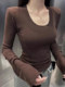 New Year Red Brushed Shoulder Pad Long-Sleeve T-Shirt for Women 2025 Winter, Sexy Short Top That Exposes Collarbone ins