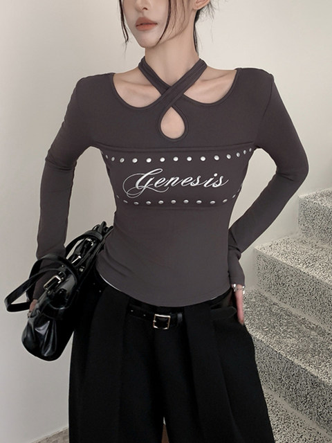 Sexy Hot Girl Cross Halter Neck Unique Letter Print T-Shirt for Women, Autumn and Winter Brushed Hollow Design Short Top
