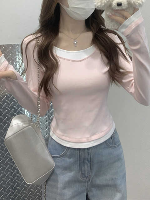 Autumn and Winter 2025 New Style Petite Slim-Fit Color-Blocked Faux Two-Piece T-Shirt for Women, Sweet Pink Versatile Long-Sleeve Base Shirt