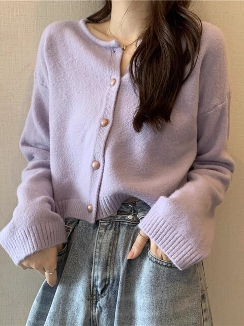 Korean-Style Candy-Colored Round-Neck Long-Sleeve Knitted Cardigan for Women, Fashionable Short Style for Autumn, Soft and Unique Top