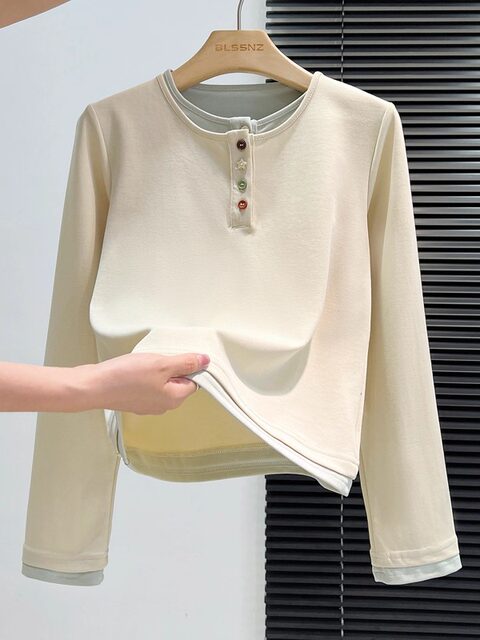 Design-Conscious, Unique Style, Henry Collar Long-Sleeve T-Shirt for Women, Autumn and Winter, Color-Blocking, Fake Two-Piece, Very Stylish Top