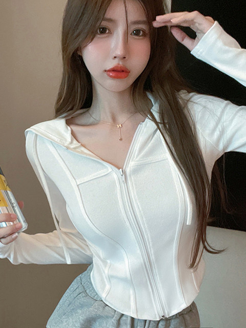 Short Hooded T-Shirt for Petite Women ins Women's 2025 Autumn New Style Fishbone Design Waist-Cinching Zipper Cardigan Top