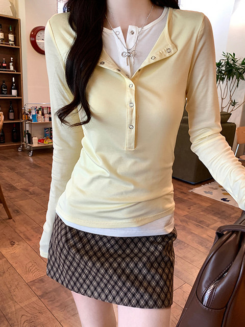 Blue Color-Enhancing Half-Open Collar Long-Sleeve T-Shirt for Women, 2024 Autumn, Fake Two-Piece with Hidden Button Design, Unique Short Top ins