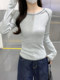 Fashionable Casual Versatile Round-Neck Base Shirt for Women, 2026 Spring, with Raglan Sleeves, Stylish Design, Slim Fit, Dark Blue Top